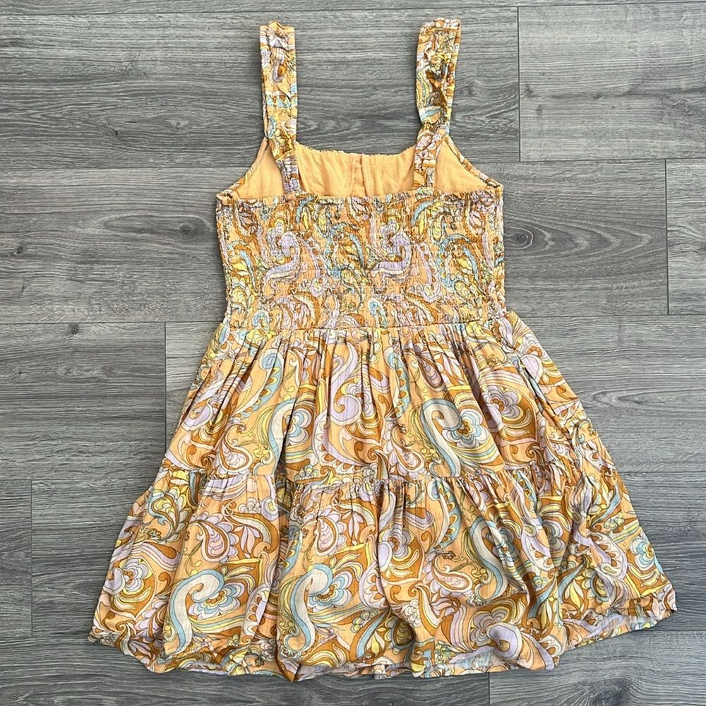 AMERICAN EAGLE Smocked Tiered Mini Dress Medium Orange Paisley 70s Retro Boho - Picture 7 of 10